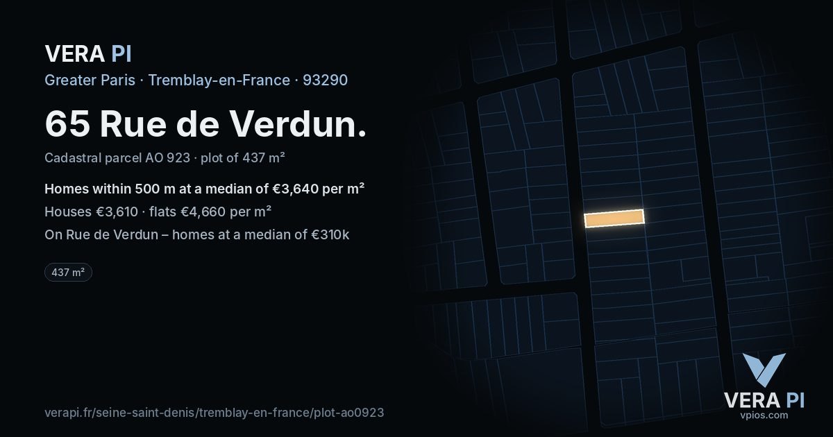 65 Rue de Verdun, Tremblay-en-France at night – the plot lit, the parcels around coloured by the prices near them