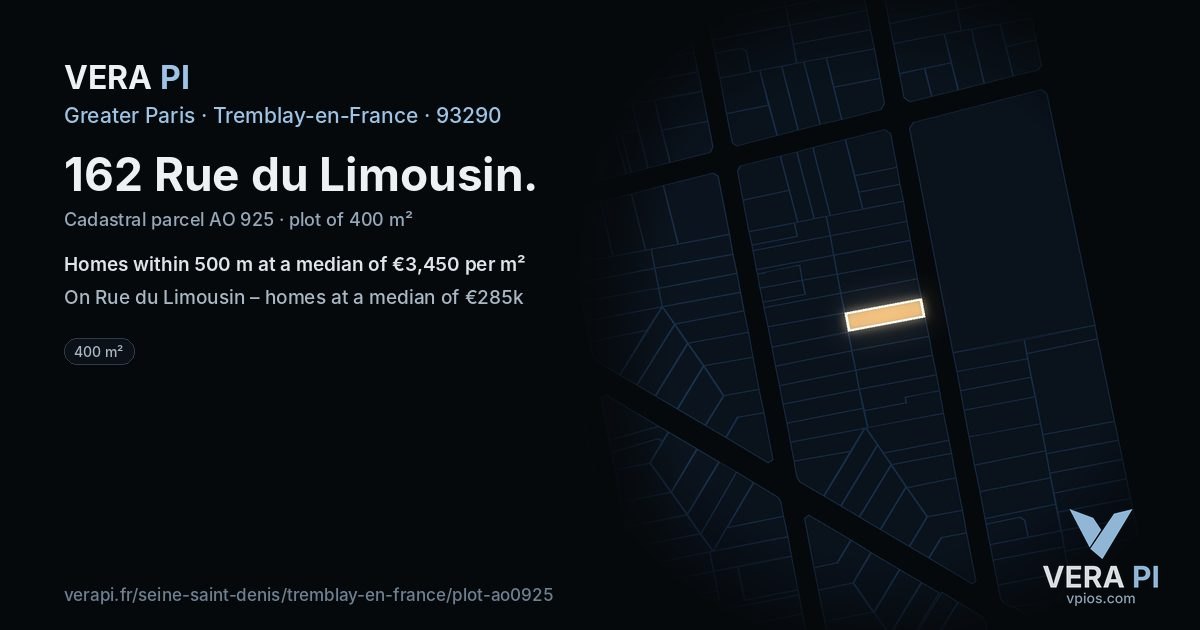 162 Rue du Limousin, Tremblay-en-France at night – the plot lit, the parcels around coloured by the prices near them