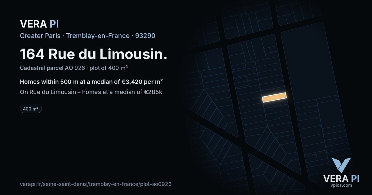 164 Rue du Limousin, Tremblay-en-France at night – the plot lit, the parcels around coloured by the prices near them