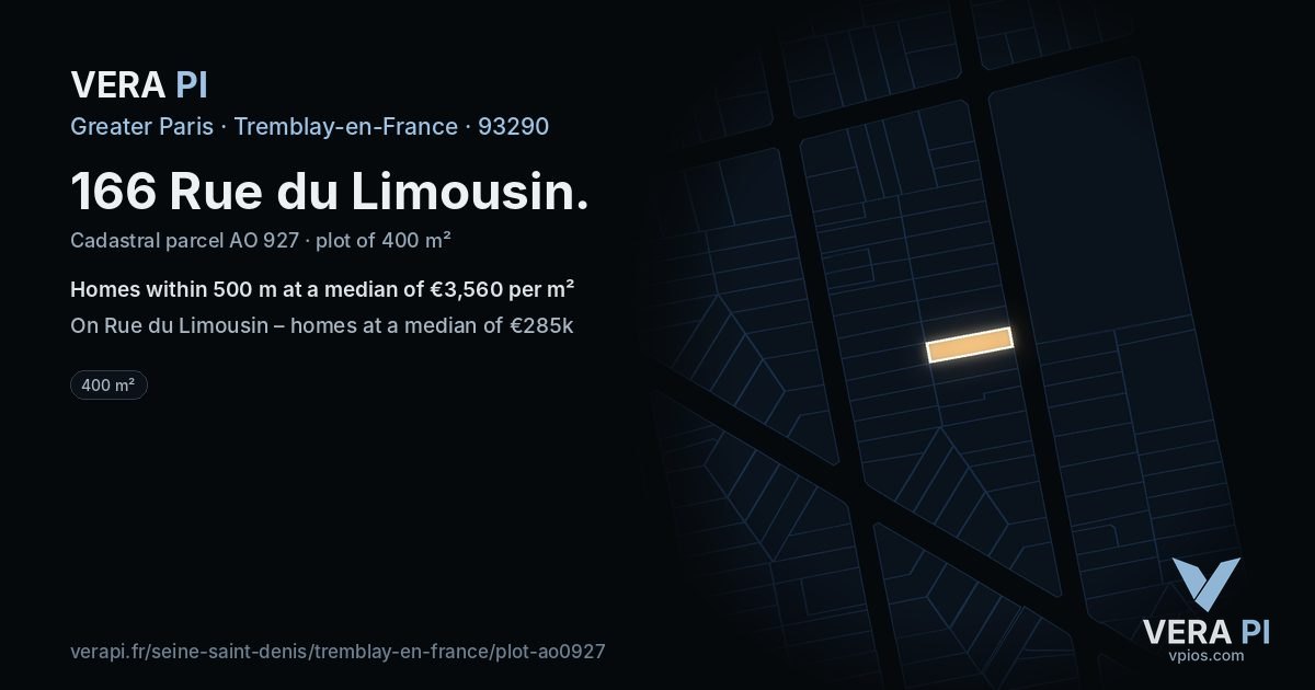 166 Rue du Limousin, Tremblay-en-France at night – the plot lit, the parcels around coloured by the prices near them