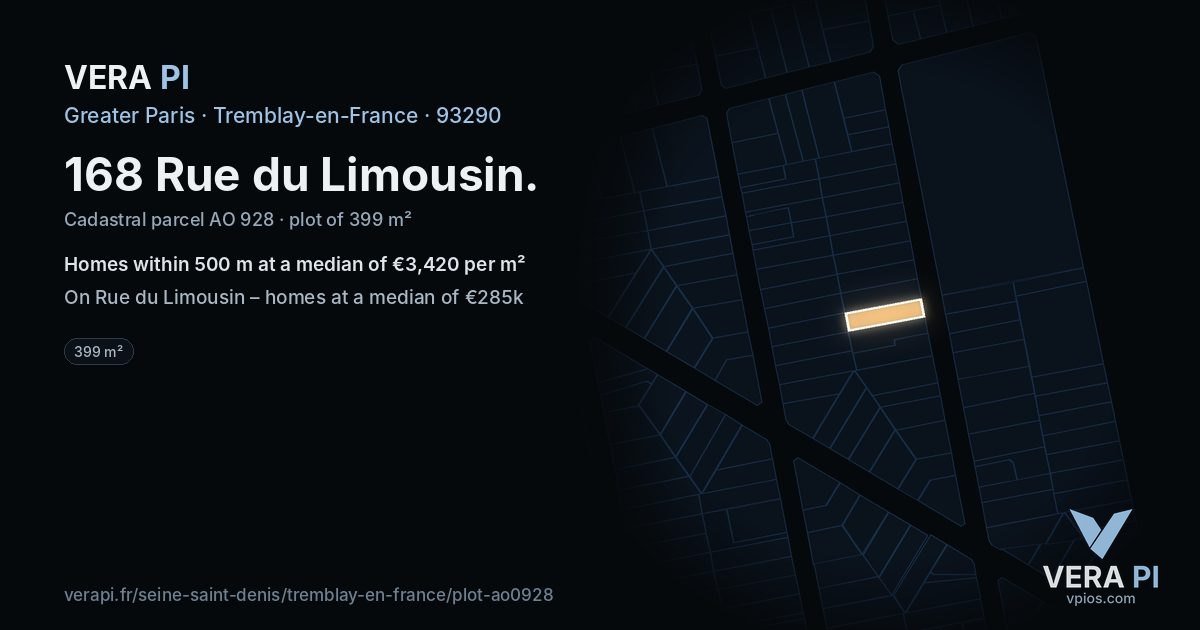 168 Rue du Limousin, Tremblay-en-France at night – the plot lit, the parcels around coloured by the prices near them