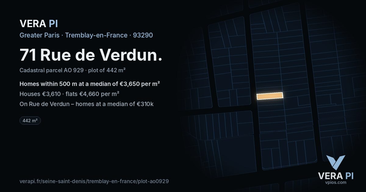 71 Rue de Verdun, Tremblay-en-France at night – the plot lit, the parcels around coloured by the prices near them