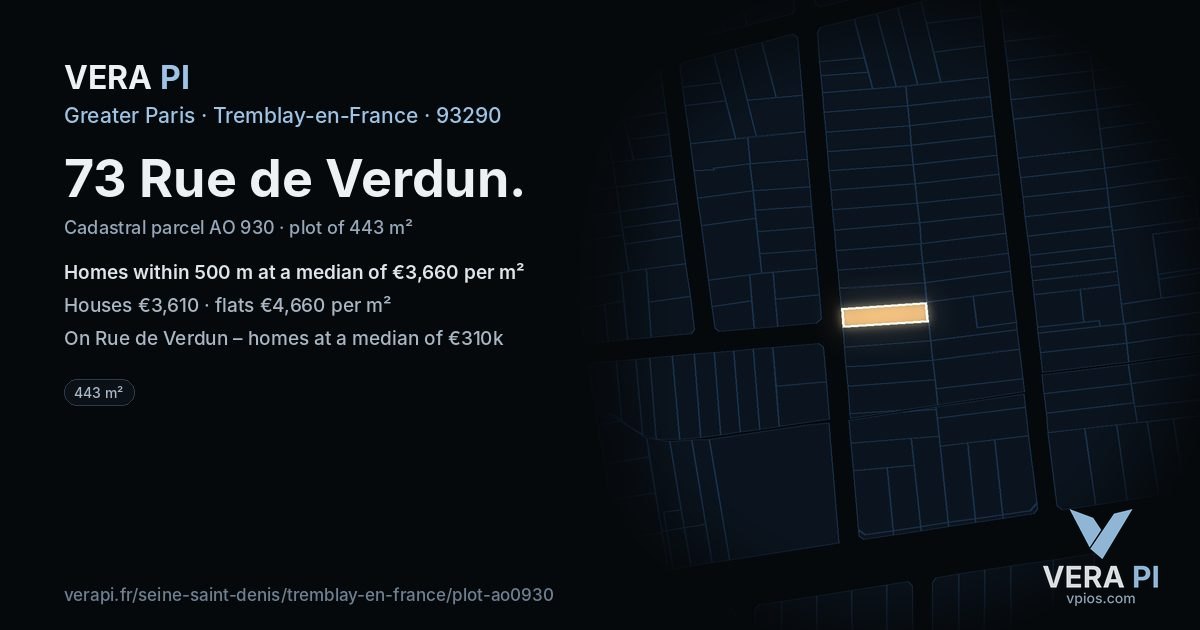 73 Rue de Verdun, Tremblay-en-France at night – the plot lit, the parcels around coloured by the prices near them
