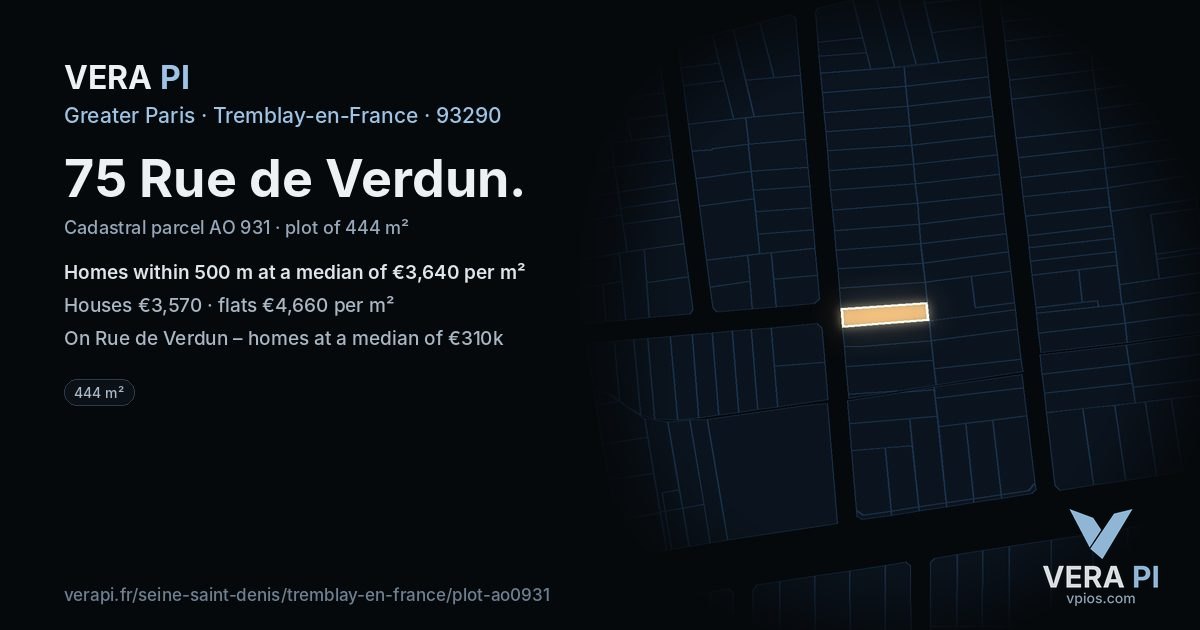 75 Rue de Verdun, Tremblay-en-France at night – the plot lit, the parcels around coloured by the prices near them