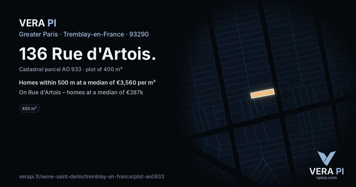136 Rue d'Artois, Tremblay-en-France at night – the plot lit, the parcels around coloured by the prices near them
