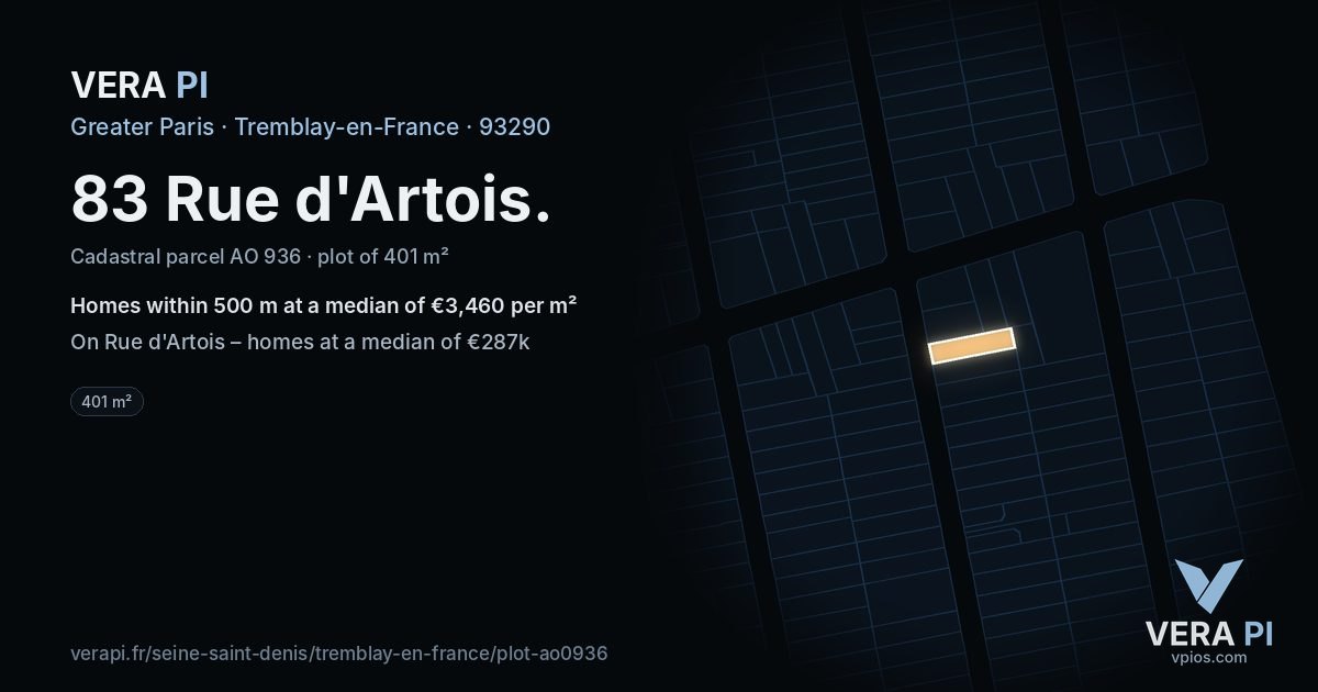83 Rue d'Artois, Tremblay-en-France at night – the plot lit, the parcels around coloured by the prices near them
