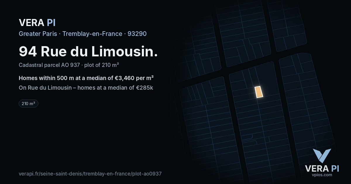 94 Rue du Limousin, Tremblay-en-France at night – the plot lit, the parcels around coloured by the prices near them