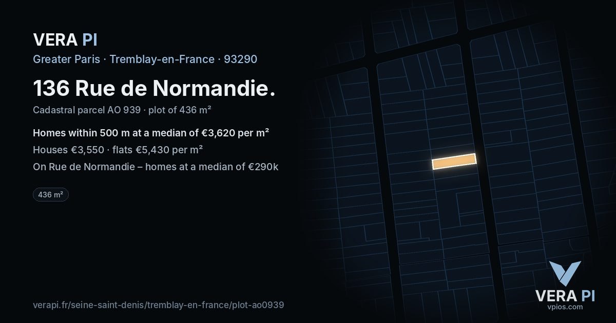 136 Rue de Normandie, Tremblay-en-France at night – the plot lit, the parcels around coloured by the prices near them