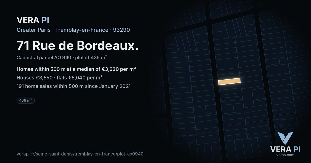 71 Rue de Bordeaux, Tremblay-en-France at night – the plot lit, the parcels around coloured by the prices near them