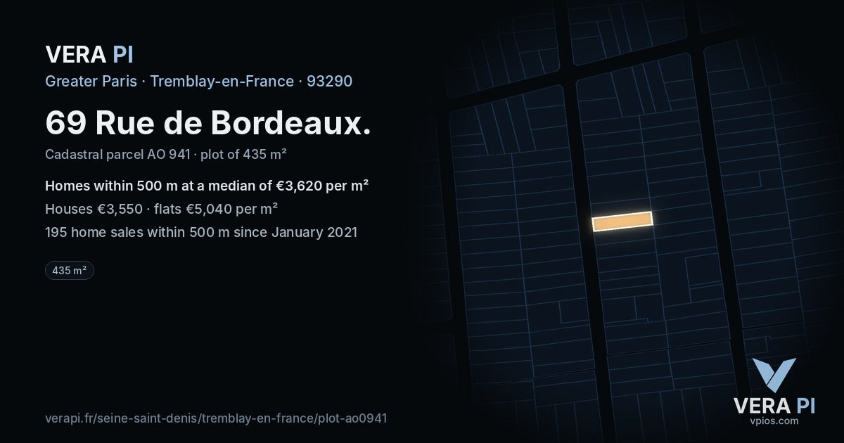 69 Rue de Bordeaux, Tremblay-en-France at night – the plot lit, the parcels around coloured by the prices near them