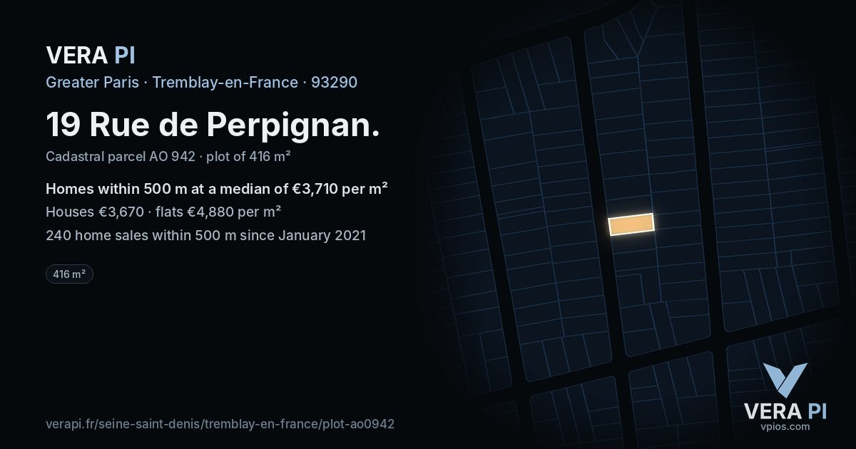 19 Rue de Perpignan, Tremblay-en-France at night – the plot lit, the parcels around coloured by the prices near them