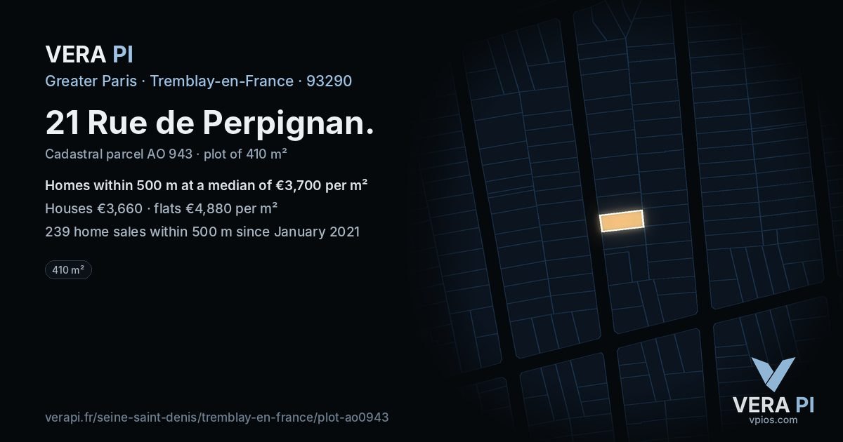 21 Rue de Perpignan, Tremblay-en-France at night – the plot lit, the parcels around coloured by the prices near them