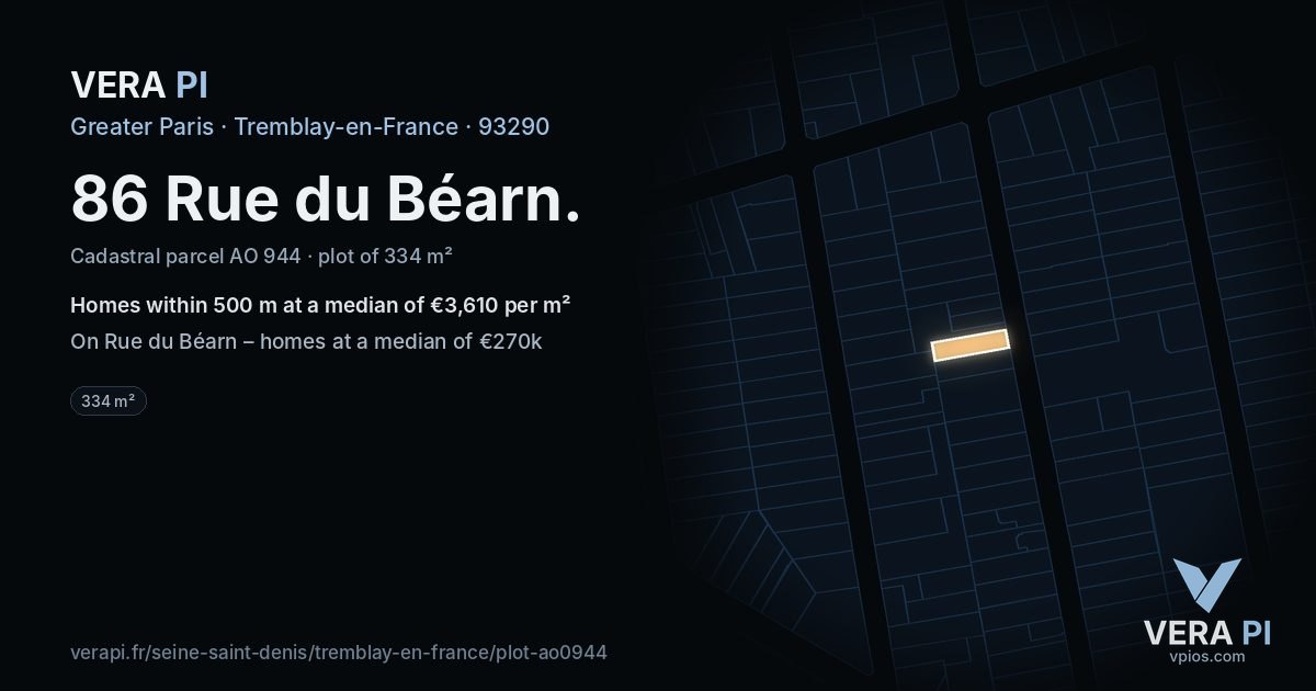86 Rue du Béarn, Tremblay-en-France at night – the plot lit, the parcels around coloured by the prices near them