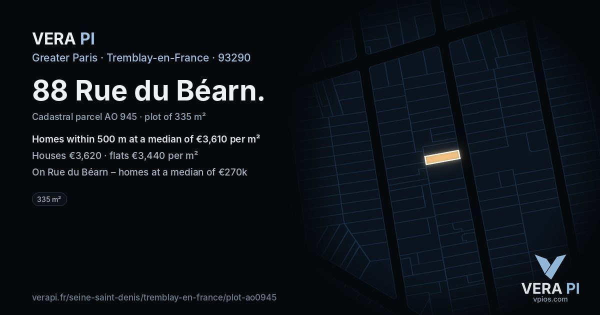 88 Rue du Béarn, Tremblay-en-France at night – the plot lit, the parcels around coloured by the prices near them