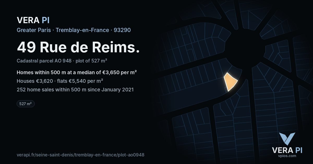 49 Rue de Reims, Tremblay-en-France at night – the plot lit, the parcels around coloured by the prices near them