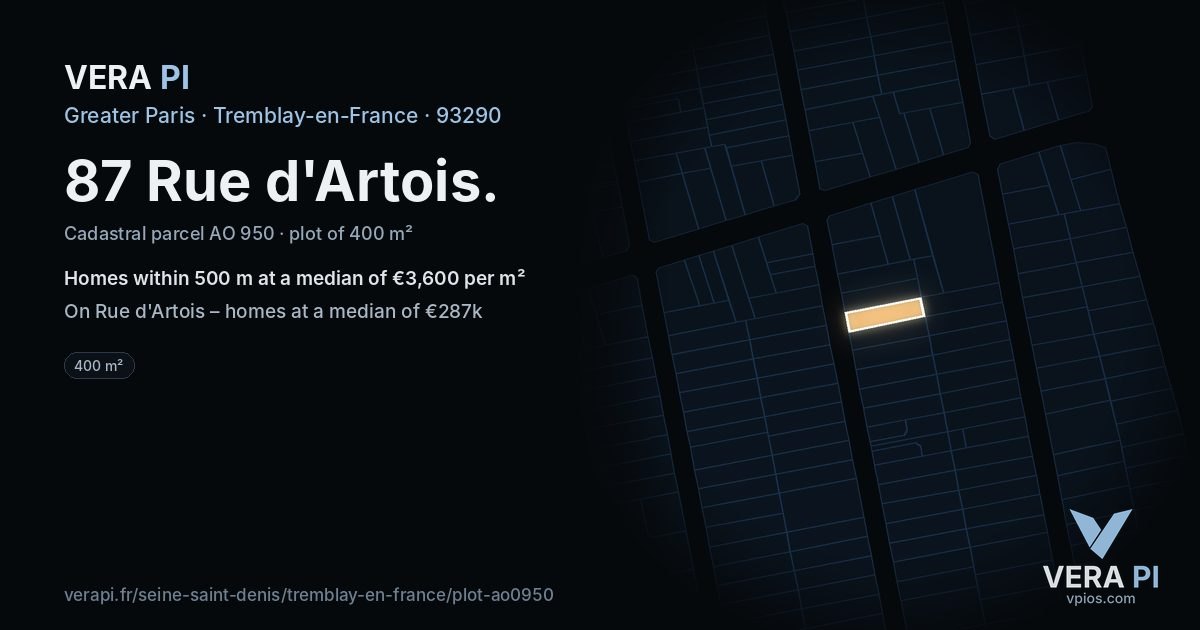 87 Rue d'Artois, Tremblay-en-France at night – the plot lit, the parcels around coloured by the prices near them