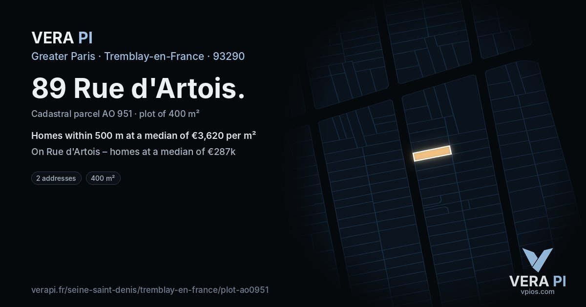 89 Rue d'Artois, Tremblay-en-France at night – the plot lit, the parcels around coloured by the prices near them