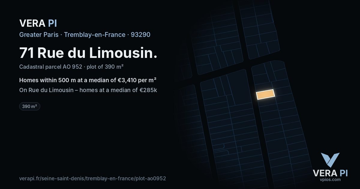 71 Rue du Limousin, Tremblay-en-France at night – the plot lit, the parcels around coloured by the prices near them