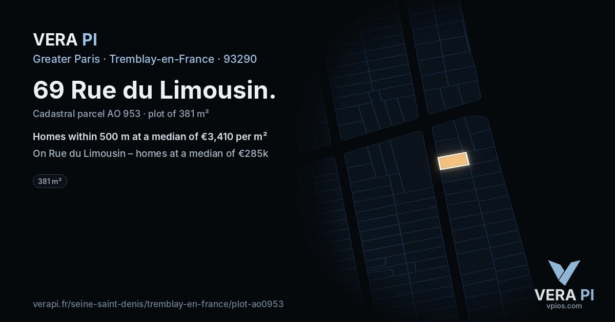 69 Rue du Limousin, Tremblay-en-France at night – the plot lit, the parcels around coloured by the prices near them