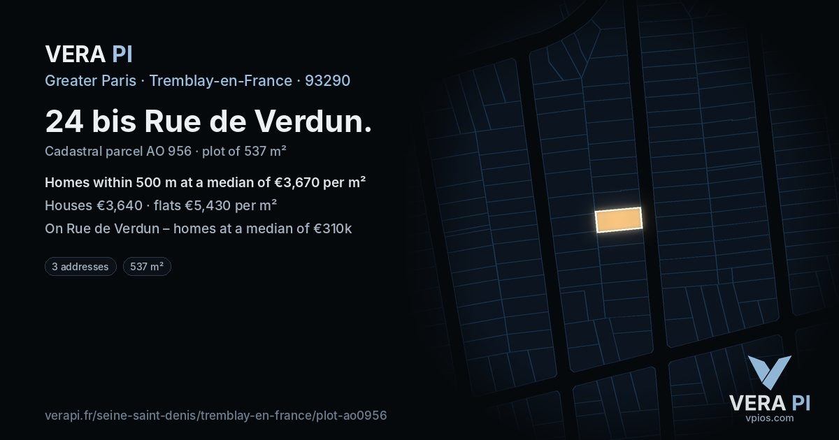 24 bis Rue de Verdun, Tremblay-en-France at night – the plot lit, the parcels around coloured by the prices near them