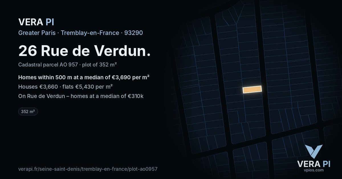 26 Rue de Verdun, Tremblay-en-France at night – the plot lit, the parcels around coloured by the prices near them