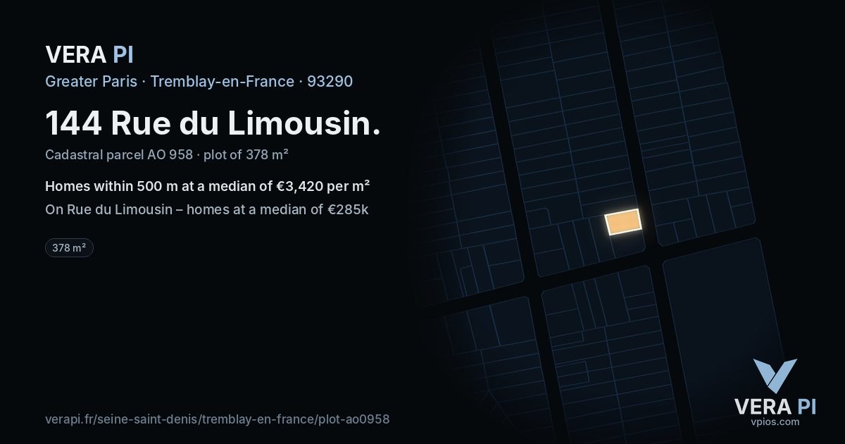 144 Rue du Limousin, Tremblay-en-France at night – the plot lit, the parcels around coloured by the prices near them