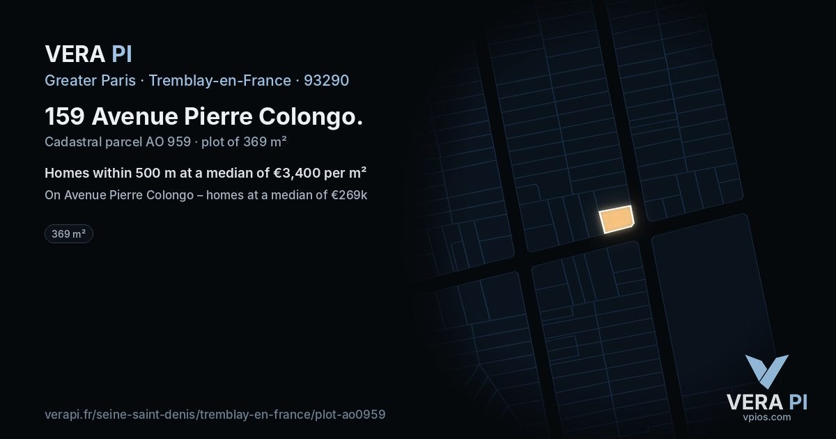 159 Avenue Pierre Colongo, Tremblay-en-France at night – the plot lit, the parcels around coloured by the prices near them