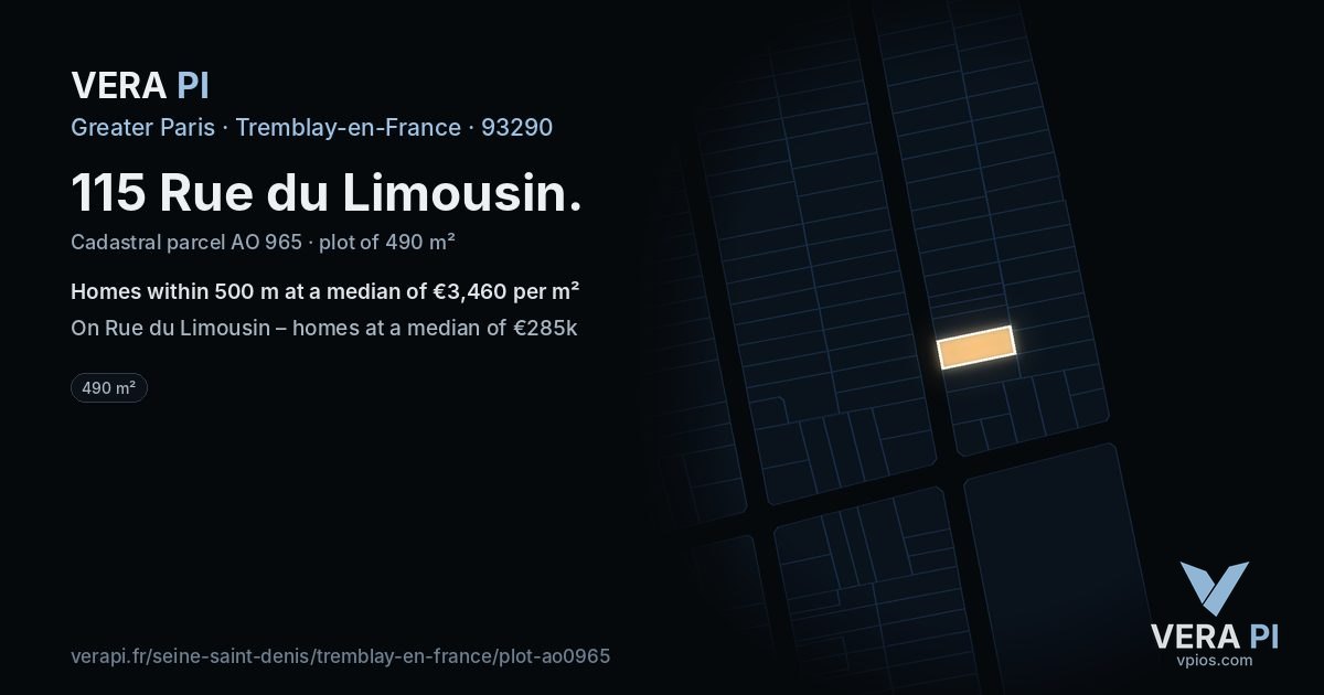 115 Rue du Limousin, Tremblay-en-France at night – the plot lit, the parcels around coloured by the prices near them