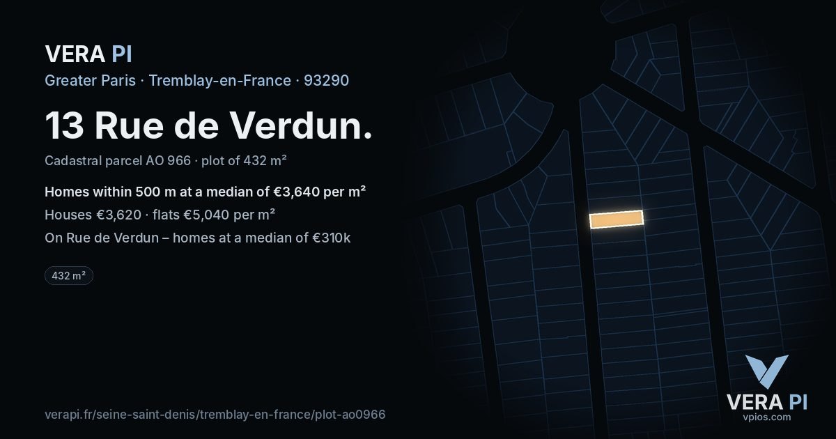 13 Rue de Verdun, Tremblay-en-France at night – the plot lit, the parcels around coloured by the prices near them