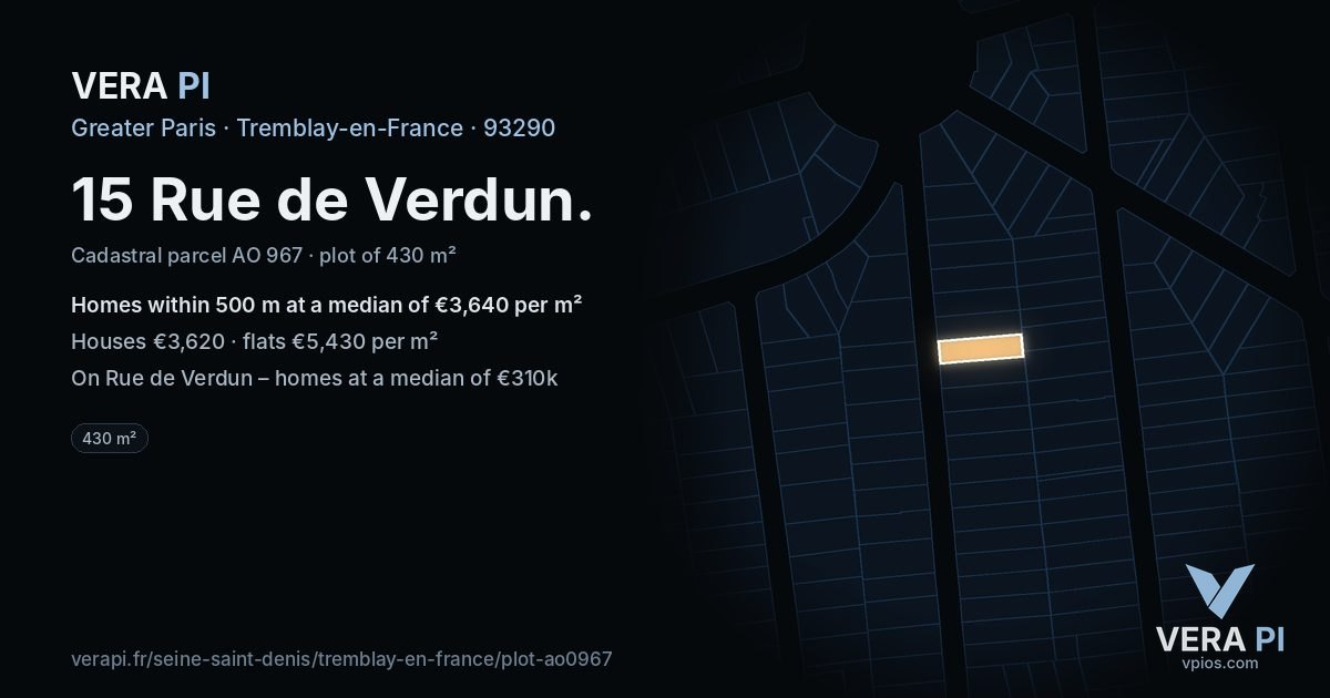 15 Rue de Verdun, Tremblay-en-France at night – the plot lit, the parcels around coloured by the prices near them
