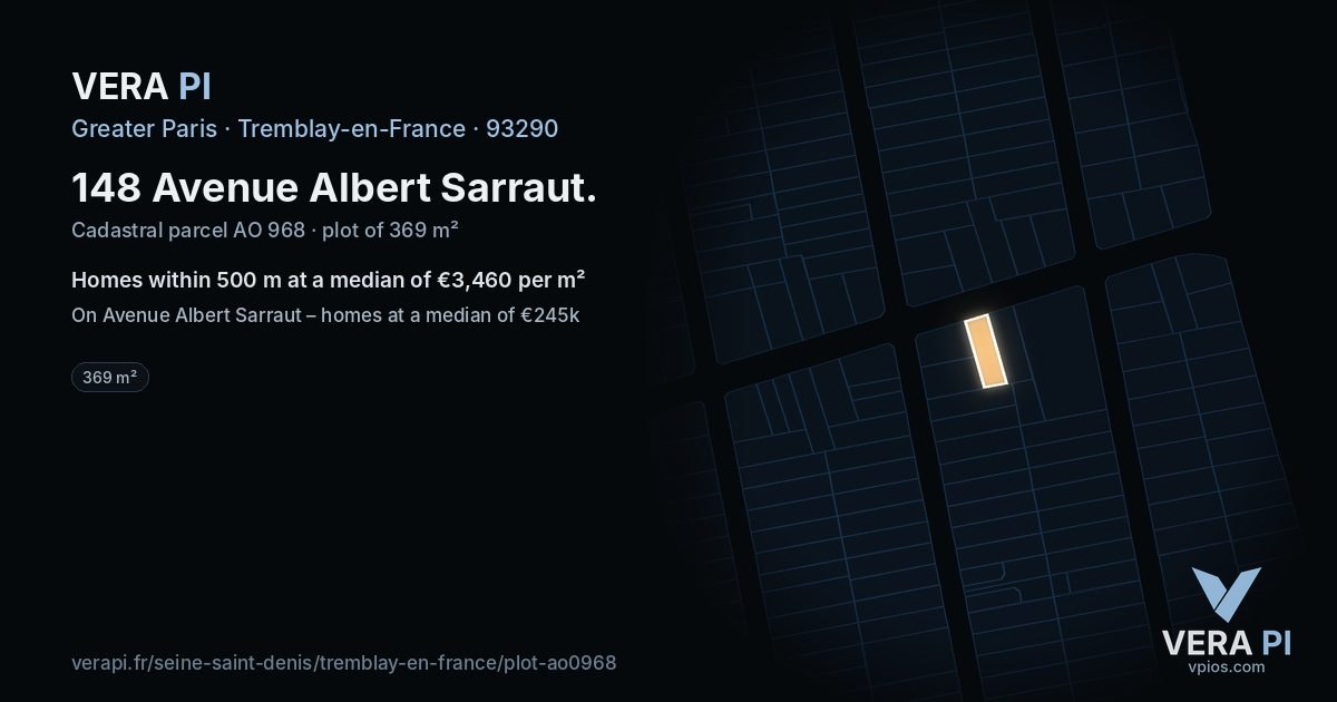 148 Avenue Albert Sarraut, Tremblay-en-France at night – the plot lit, the parcels around coloured by the prices near them
