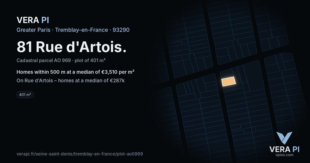 81 Rue d'Artois, Tremblay-en-France at night – the plot lit, the parcels around coloured by the prices near them