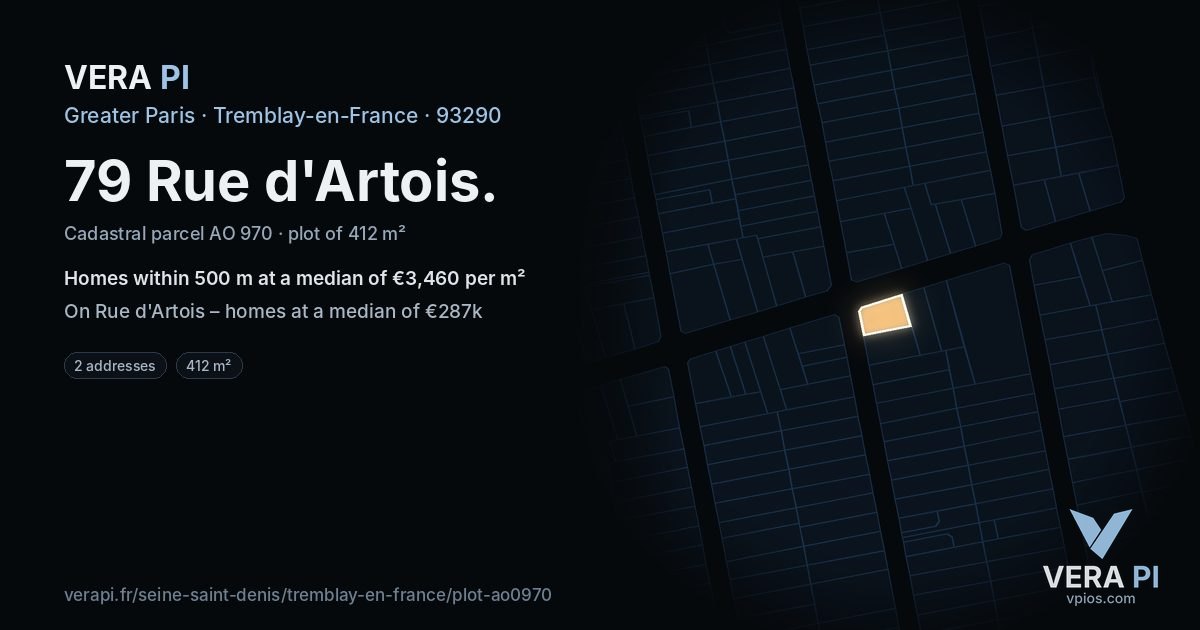 79 Rue d'Artois, Tremblay-en-France at night – the plot lit, the parcels around coloured by the prices near them