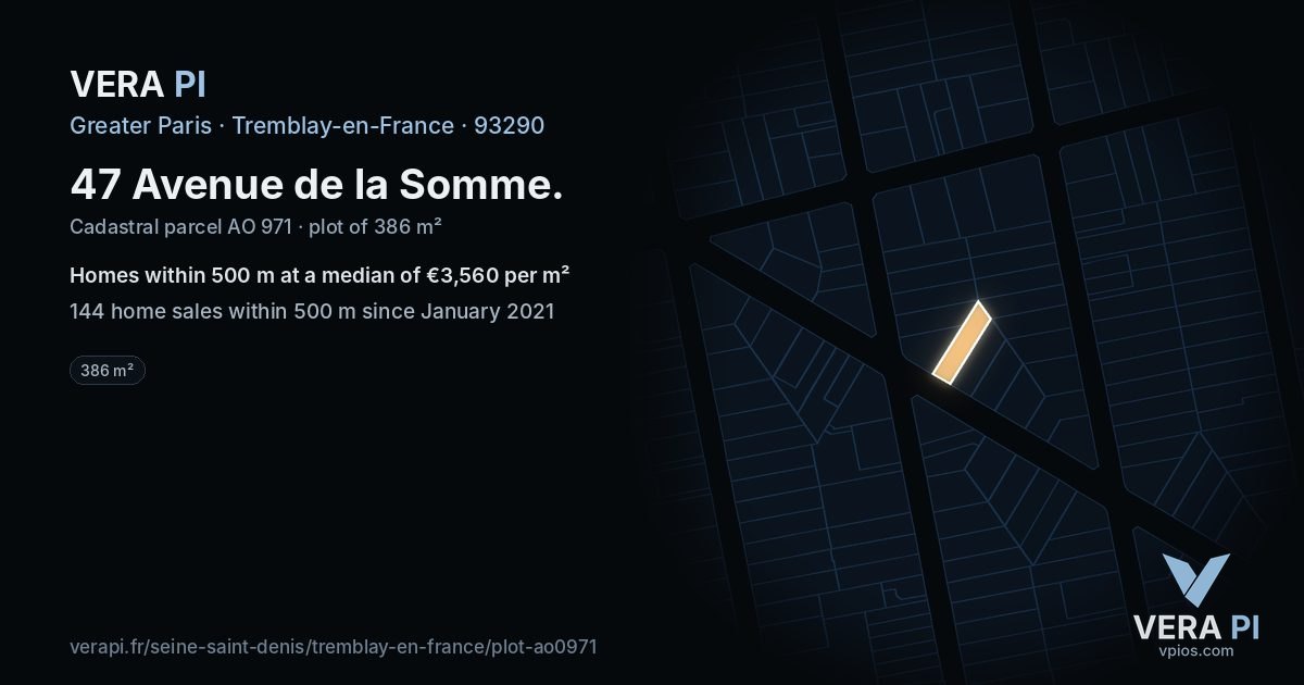 47 Avenue de la Somme, Tremblay-en-France at night – the plot lit, the parcels around coloured by the prices near them