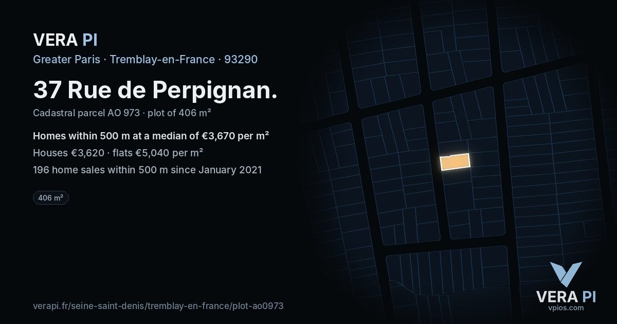 37 Rue de Perpignan, Tremblay-en-France at night – the plot lit, the parcels around coloured by the prices near them