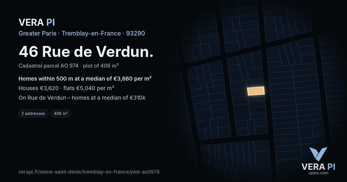 46 Rue de Verdun, Tremblay-en-France at night – the plot lit, the parcels around coloured by the prices near them