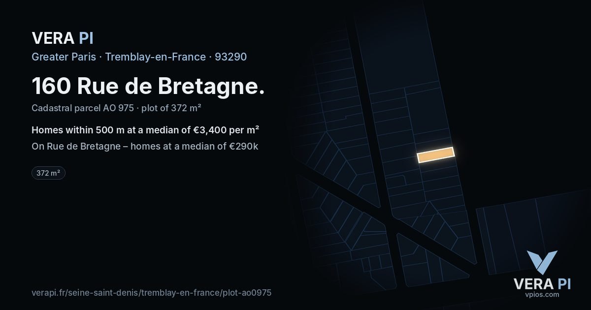 160 Rue de Bretagne, Tremblay-en-France at night – the plot lit, the parcels around coloured by the prices near them
