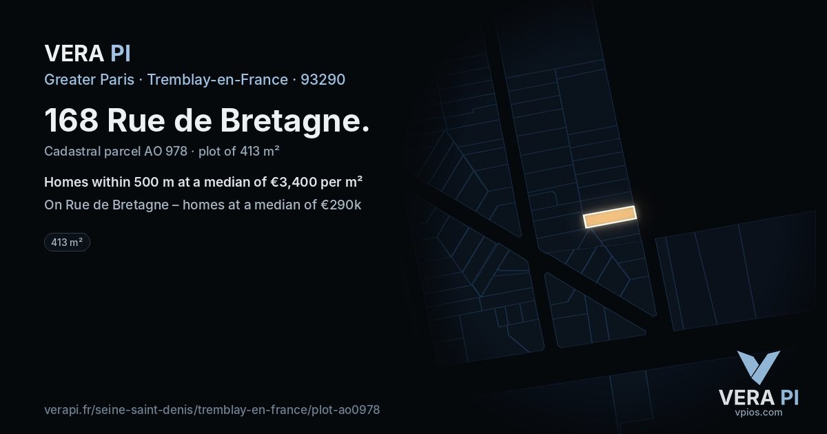 168 Rue de Bretagne, Tremblay-en-France at night – the plot lit, the parcels around coloured by the prices near them