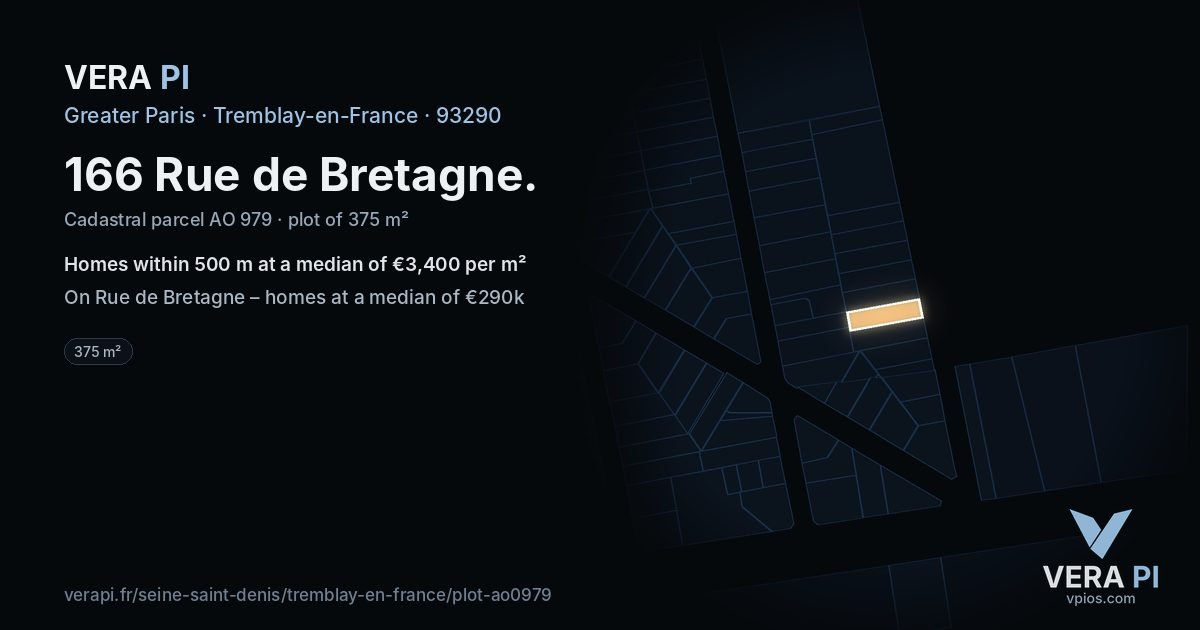 166 Rue de Bretagne, Tremblay-en-France at night – the plot lit, the parcels around coloured by the prices near them
