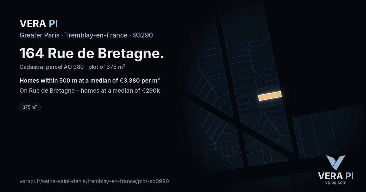 164 Rue de Bretagne, Tremblay-en-France at night – the plot lit, the parcels around coloured by the prices near them