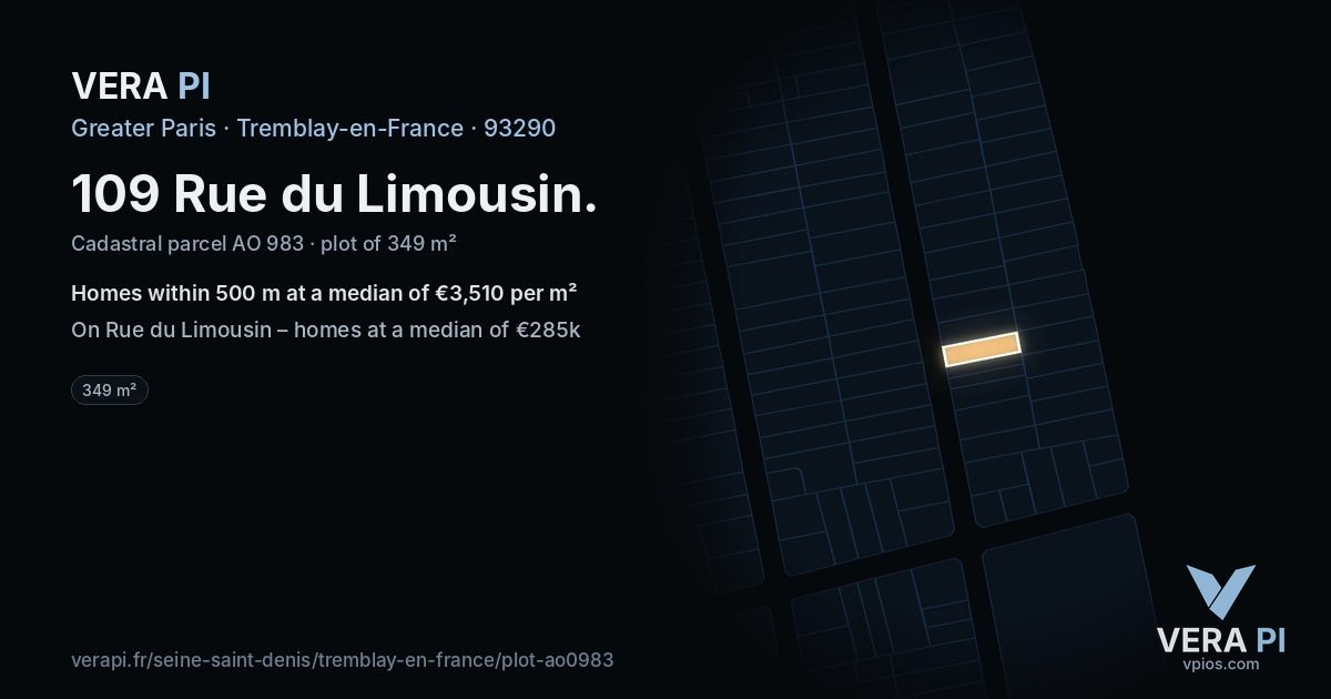 109 Rue du Limousin, Tremblay-en-France at night – the plot lit, the parcels around coloured by the prices near them