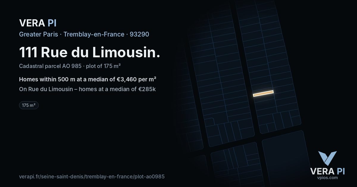 111 Rue du Limousin, Tremblay-en-France at night – the plot lit, the parcels around coloured by the prices near them
