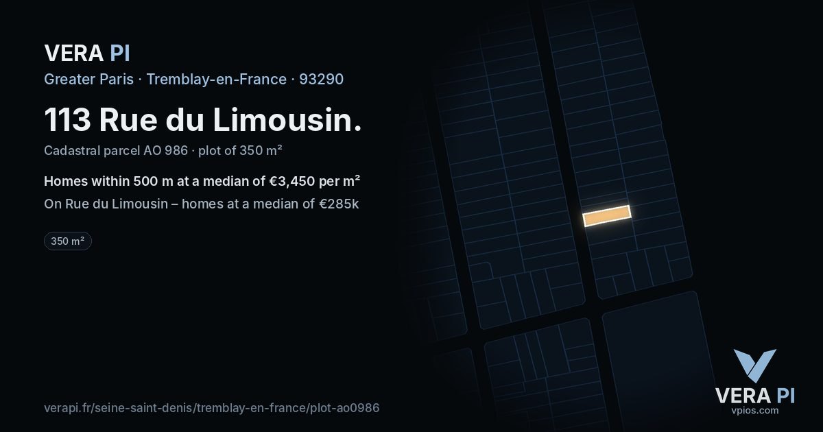 113 Rue du Limousin, Tremblay-en-France at night – the plot lit, the parcels around coloured by the prices near them