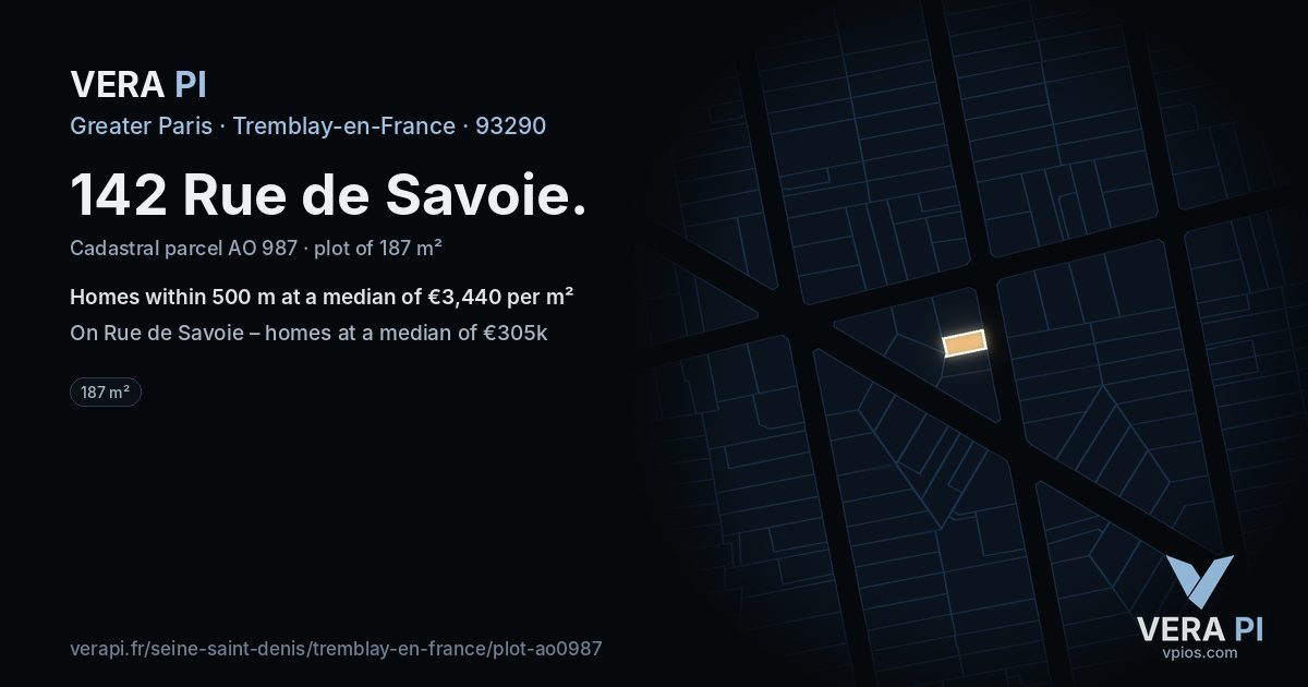 142 Rue de Savoie, Tremblay-en-France at night – the plot lit, the parcels around coloured by the prices near them