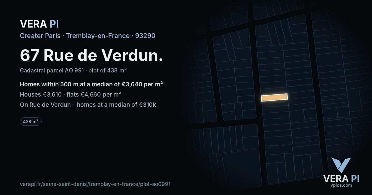 67 Rue de Verdun, Tremblay-en-France at night – the plot lit, the parcels around coloured by the prices near them