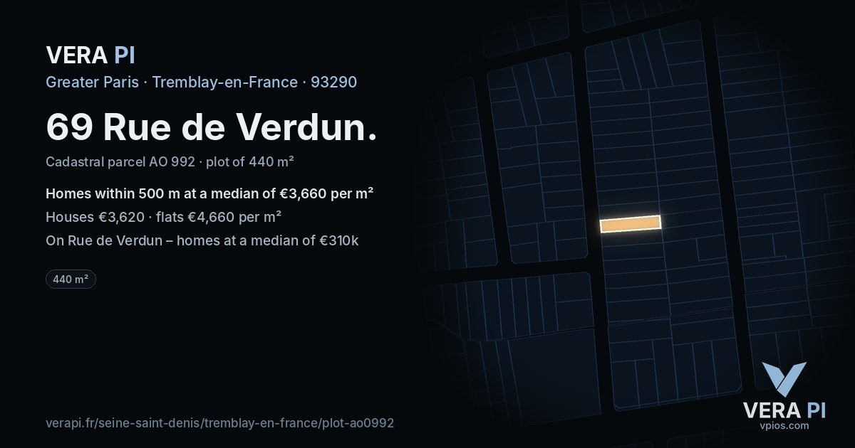 69 Rue de Verdun, Tremblay-en-France at night – the plot lit, the parcels around coloured by the prices near them
