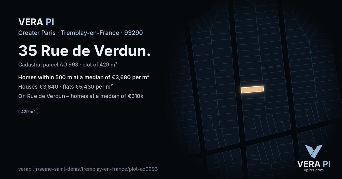 35 Rue de Verdun, Tremblay-en-France at night – the plot lit, the parcels around coloured by the prices near them