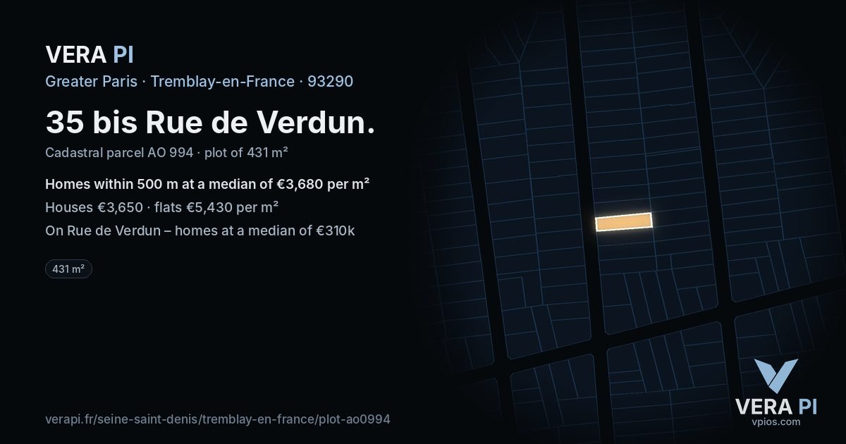35 bis Rue de Verdun, Tremblay-en-France at night – the plot lit, the parcels around coloured by the prices near them