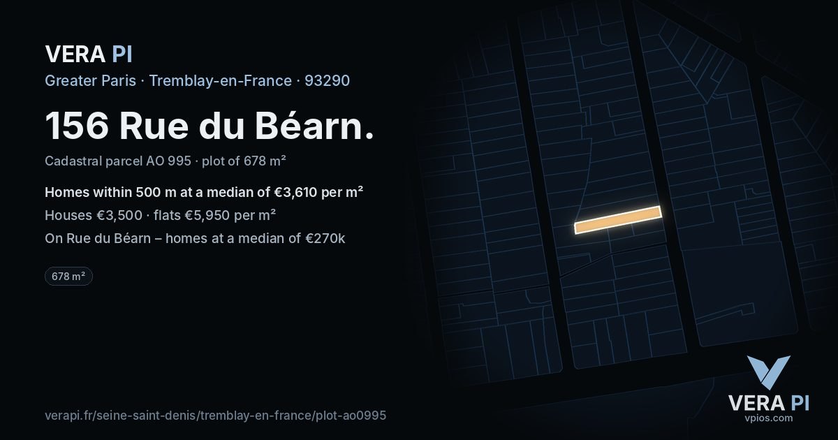 156 Rue du Béarn, Tremblay-en-France at night – the plot lit, the parcels around coloured by the prices near them