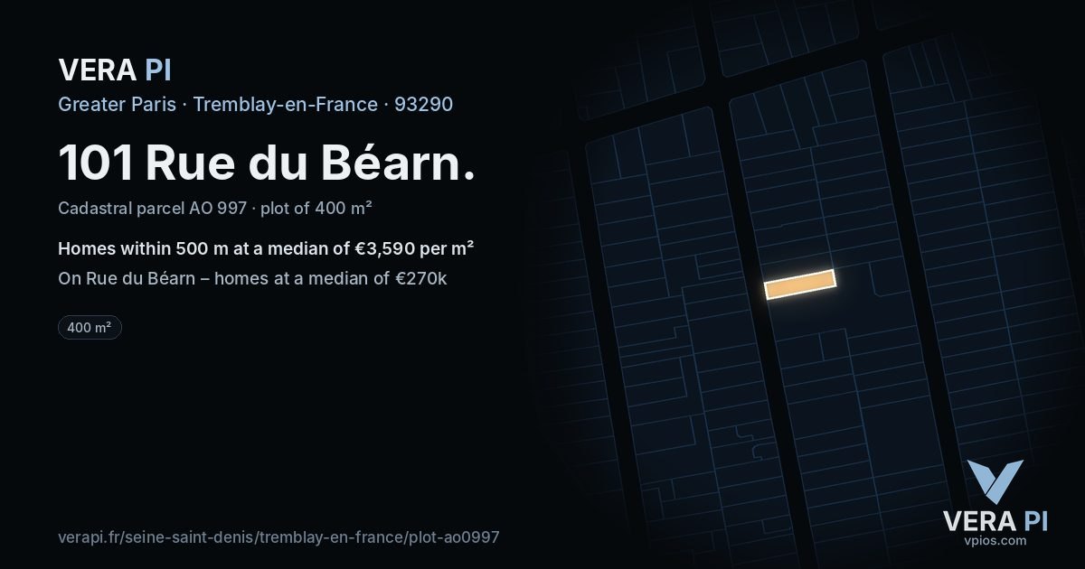 101 Rue du Béarn, Tremblay-en-France at night – the plot lit, the parcels around coloured by the prices near them